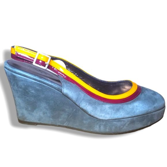 #271 Vintage Boden Slingback Wedge Heel Pumps 41 10 Shoes AR403 Gray Yellow Red - Picture 1 of 9